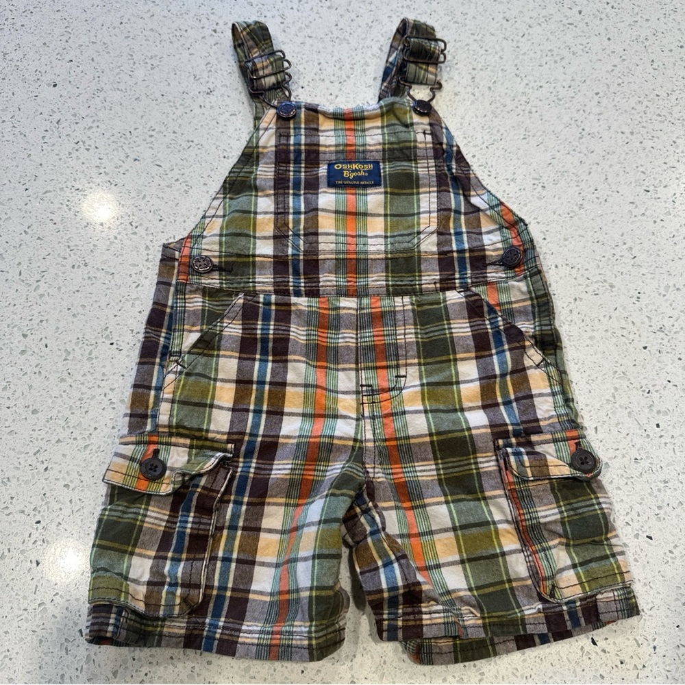 VTG Oshkosh B’Gosh Plaid Shortall Bib Overalls Baby Boy 18m‎ Green Brown Vestbak